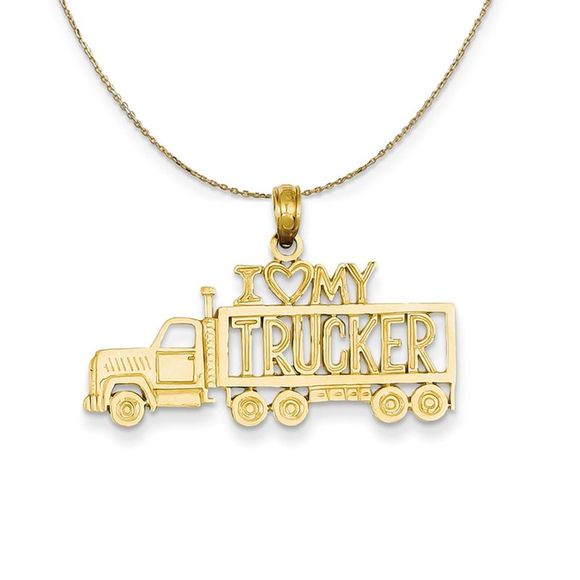 14k Yellow Gold I Heart My Trucker Semi Truck Necklace - 22 Inch - Picture 1 of 7